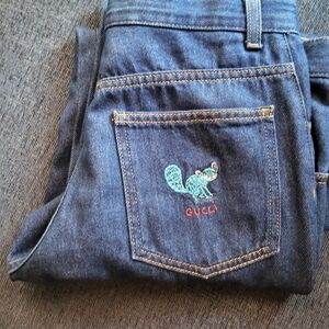 Gucci X Freya Hartas Blue Denim Jeans with Embroidered Pocket